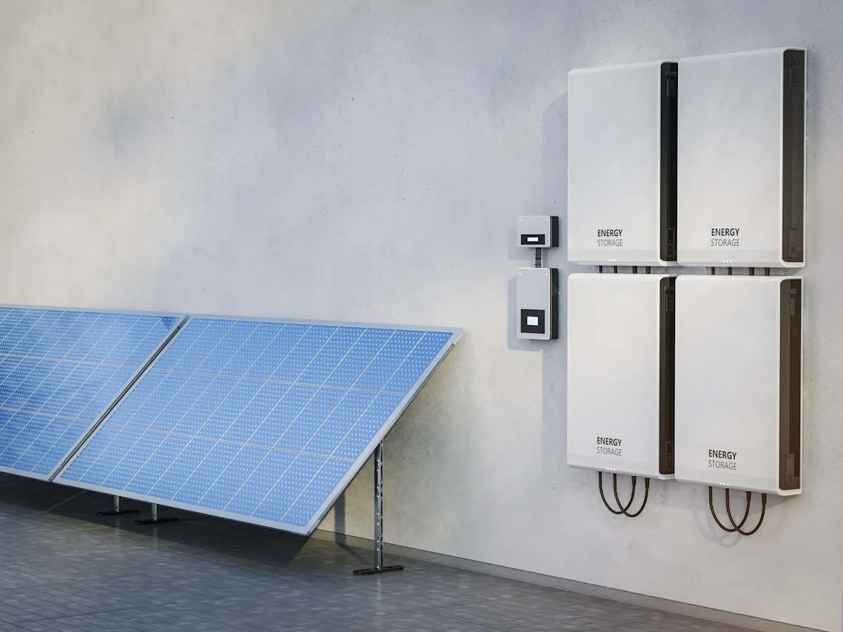 Witte thuisbatterijen aan een wand naast zonnepanelen